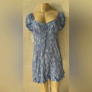 SO Light Blue Floral mini Dress Off the shoulder sexy party summer